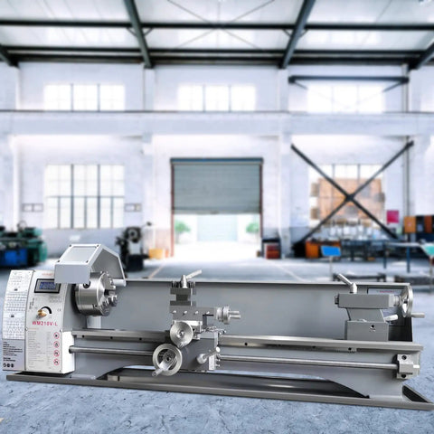 Premium Benchtop Metal Lathe With A Beefy 750W Brushless Motor And Cruising 0 To 2500 RPM variable speed showcased in a large workshop.