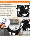 Beefed-Up OEM Refrigerator Evaporator Fan Motor WR60X26866 replacement fan with connector and wiring, close-up on label.