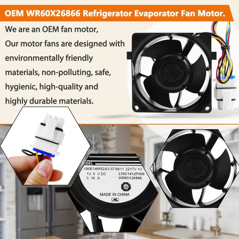 Beefed-Up OEM Refrigerator Evaporator Fan Motor WR60X26866 replacement fan with connector and wiring, close-up on label.