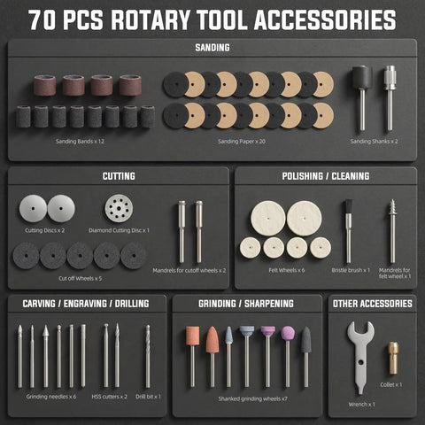 70 piece accessory set for Pink 4V Cordless Rotary Tool Kit including sanding, cutting, polishing, and carving tools.