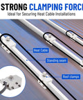 Straight Up Heavy Lifters Aluminum Standing Seam Roof Clamps securing heat cables on metal roofs with stainless steel fasteners.