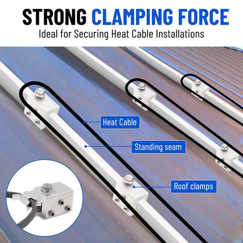 Straight Up Heavy Lifters Aluminum Standing Seam Roof Clamps securing heat cables on metal roofs with stainless steel fasteners.
