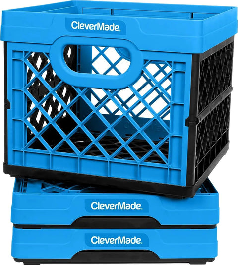 Stack of Neptune Blue Collapsible Milk Crate 3 Pack 25L Each 6 Gallon Heavy Duty Stackable Storage Bins That Hold 50 Lbs Per Bin