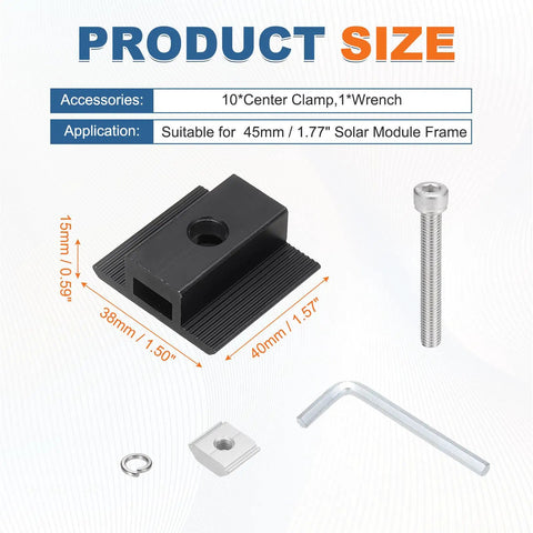 All Weather Aluminum Solar Panel Mounting Clamp Kit For 45mm Rails With Mid And Side Locks Heavy Duty Corrosion Resistant Hardware Garage Ready Flat Tin Roofs And Rv Rig Setup Black 10 Piece Set components including black center clamp and mounting accessories.