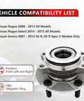 Front Wheel Hub Bearing Assembly Pair For 2008 To 2013 Nissan Rogue, 2014 To 2015 Rogue Select, 2007 To 2012 Sentra SE-R And SE-R Spec V, 5 Lug Wheel Bearing With ABS, Direct Bolt On Replacement For A Smooth Quiet Ride on white background with compatibility list.