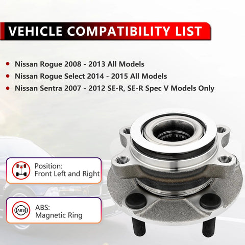 Front Wheel Hub Bearing Assembly Pair For 2008 To 2013 Nissan Rogue, 2014 To 2015 Rogue Select, 2007 To 2012 Sentra SE-R And SE-R Spec V, 5 Lug Wheel Bearing With ABS, Direct Bolt On Replacement For A Smooth Quiet Ride on white background with compatibility list.