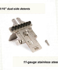 One Quarter Inch Stainless Steel Doweling Jig With Angle Guide for precision woodworking, 11-gauge steel with laser-marked scale.