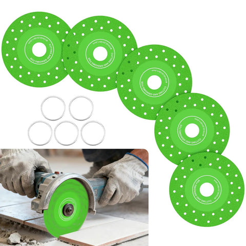 5-Piece 4.5 Inch Glass Cutting Discs for Angle Grinder, green ultra-thin diamond saw blades, used on tile material.