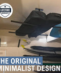 Adjustable Ceiling Ski And Snowboard Rack For Overhead Storage Double Sided Heavy Duty Steel Mount Holds Up To 150 Lbs With 10 To 18 Inches Of Clearance For Skis Snowboards Poles And Gear installed on ceiling