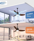 Walnut 42 Inch Outdoor Ceiling Fan With Lights Waterproof Remote App Control showing summer and winter use in modern living room.