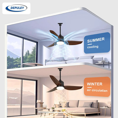 Walnut 42 Inch Outdoor Ceiling Fan With Lights Waterproof Remote App Control showing summer and winter use in modern living room.