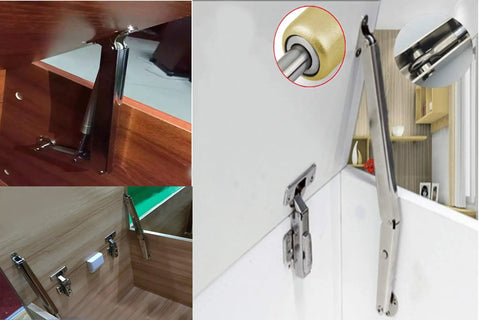 Heavy Duty Gas Spring Lid Stay Hinge With 100N Lift Support For Cabinet Doors And Toy Boxes installed in cupboards.