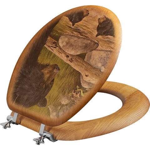 Rustic Round Oak Toilet Seat Veneer With Bear Creek Gang Vibe featuring bear design, ready to hang bathroom upgrade