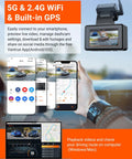 Dual Front And Rear Dash Cam With 2.7K Plus 2.7K Recording, STARVIS Sensors, WiFi, GPS app interface on smartphone.
