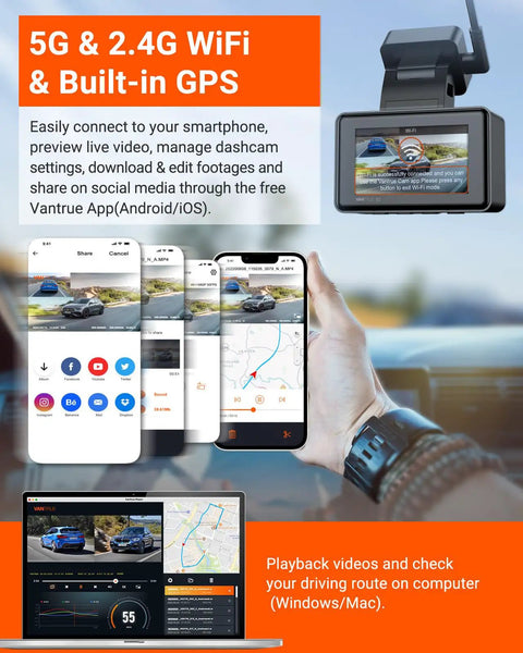 Dual Front And Rear Dash Cam With 2.7K Plus 2.7K Recording, STARVIS Sensors, WiFi, GPS app interface on smartphone.