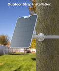 6W Solar Panel For Battery Cameras Waterproof Outdoor Power Supply with Adjustable Mount strapped to a tree trunk.