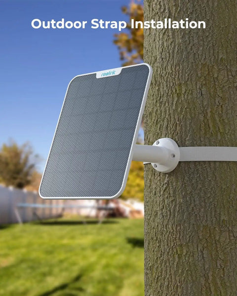 6W Solar Panel For Battery Cameras Waterproof Outdoor Power Supply with Adjustable Mount strapped to a tree trunk.