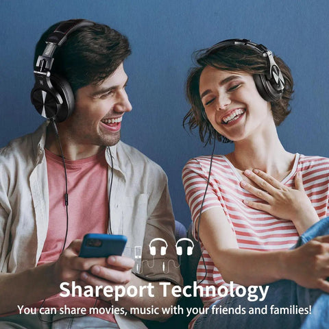 Two people sharing music using Hi-Res Studio Monitoring Headphones For Mixing And DJing, Wired Over Ear Headset With SharePort.
