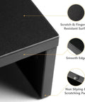 Close-up of Dual Monitor Stand Riser For Desk Setup With 3 Shelf Adjustable Length And Tilt Extra Long Multifunctional Wood Stand in black.