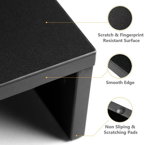 Close-up of Dual Monitor Stand Riser For Desk Setup With 3 Shelf Adjustable Length And Tilt Extra Long Multifunctional Wood Stand in black.