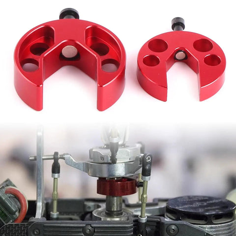 Red metallic Helicopter Leveler And Swashplate Crossplate Corrector Tool for 380 470 600 700 Models shown in use
