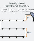 Diagram showing Solar Powered Outdoor String Lights 27 Foot Patio Set With Edison Globe LEDs 12 Bulbs 1W Waterproof