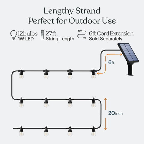 Diagram showing Solar Powered Outdoor String Lights 27 Foot Patio Set With Edison Globe LEDs 12 Bulbs 1W Waterproof