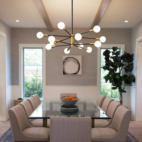 Modern Sputnik Chandelier Ceiling Light With 12 Lights In Gold And Black illuminating a dining room, adjustable height up to 53.8 inches