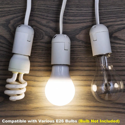 Plug In Pendant Light Kit With 9.8 Ft Cord And On Off Switch Retro Industrial Hanging Lights E26 E27 Socket For Living Room And Bedroom White 2 Pack In Your Home displaying compatibility with E26 bulbs.