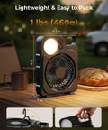 12000mAh Rechargeable Portable Fan With LED Lantern up to 45 Hours Runtime, showing dimensions and lightweight design on table.