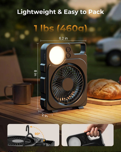 12000mAh Rechargeable Portable Fan With LED Lantern up to 45 Hours Runtime, showing dimensions and lightweight design on table.