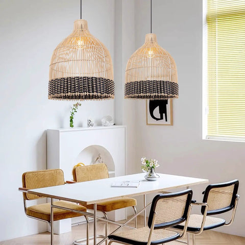 Modern dining room with Rattan Pendant Light One Light Handwoven Boho Chandelier With Coastal Wicker Vibe Hanging Ceiling Fixture