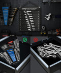 Ratcheting Wrenches Set Twenty Two Piece With SAE And Metric Wrenches, organized in drawer and hung on tool wall