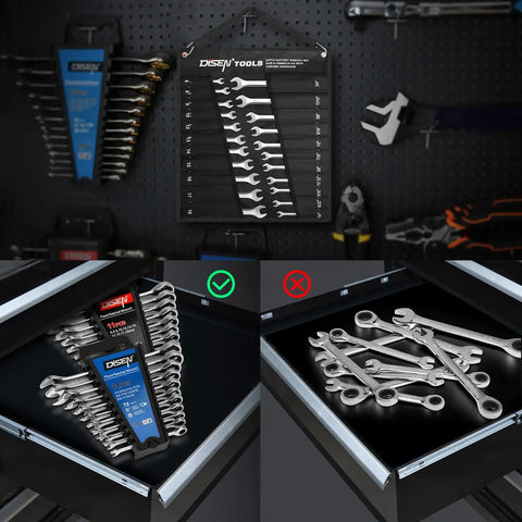 Ratcheting Wrenches Set Twenty Two Piece With SAE And Metric Wrenches, organized in drawer and hung on tool wall