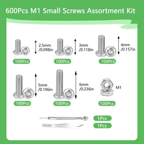 600Pcs M1 Micro Screw Kit With 2.5mm 3mm 4mm 5mm 6mm Lengths, Phillips Pan Head Tiny Machine Screws And Nuts layout