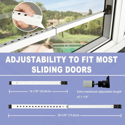 Top Shelf Two Section Window Security Bar With Child Proof Anti Lift Lock Keep Your Home Crib Secure No Sweat Install Adjustable Safety Brace For Single Hung Windows And Narrow Patio Doors White showing adjustable lengths for sliding doors.
