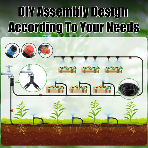 Diagram showing the Effortless 100 Foot Drip Irrigation System Kit with 30 adjustable nozzles and 30 meter tubing for gardens.
