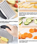 Large stainless steel crinkle cutter with black ergonomic handle; collage showing potato slices and other vegetables.