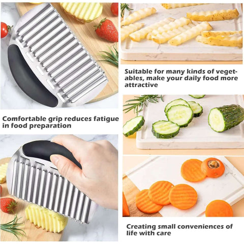 Large stainless steel crinkle cutter with black ergonomic handle; collage showing potato slices and other vegetables.