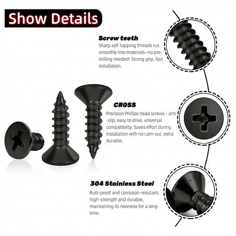 Pro Grade 304 Stainless Steel Self Tapping Screws For Wood And Sheet Metal 100 Pack Flat Head Phillips Drive showing screw teeth and design features.
