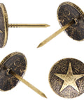 Top Shelf 100 Piece Star Bronze Furniture Tacks With Rust Proof Finish And Sleek Vintage Vibe For Straight Up Wood Repair And Sweet Upholstery Upcycling Work, showing star pattern heads.