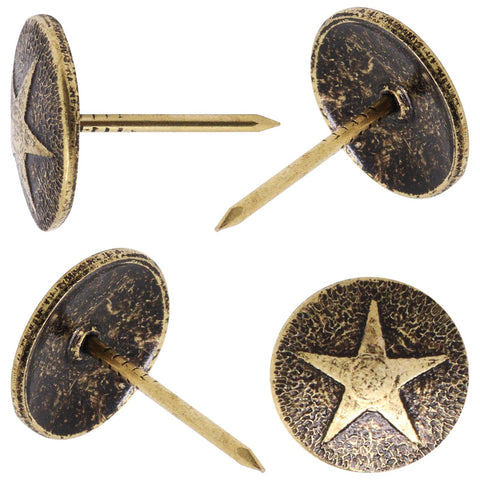 Top Shelf 100 Piece Star Bronze Furniture Tacks With Rust Proof Finish And Sleek Vintage Vibe For Straight Up Wood Repair And Sweet Upholstery Upcycling Work, showing star pattern heads.