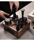 Straight Up Organized Espresso Tamper Station With Universal 51 To 58mm Base And Built In Powder Dispenser Premium Walnut Barista Organizer in use with portafilters and tampers.
