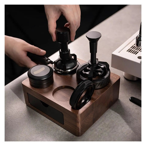 Straight Up Organized Espresso Tamper Station With Universal 51 To 58mm Base And Built In Powder Dispenser Premium Walnut Barista Organizer in use with portafilters and tampers.