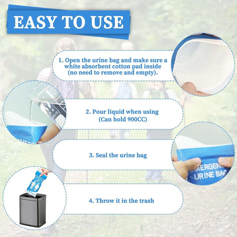 Easy to use instructions for 12 Pack Disposable Urine Bags 900ml For Travel Unisex Portable Emergency Pee Bags With Leakproof Seal.