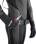 Diver holding Samurai Underwater Dive Knife With 2.7-Inch Tempered Stainless Blade, 5.9-Inch Overall, Four Color Handles White Black Red Green.
