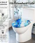 Elongated Alcohol Abstract Indigo White Gold Stains Stains Toilet Seat on a standard toilet with blue and gold design.