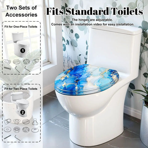 Elongated Alcohol Abstract Indigo White Gold Stains Stains Toilet Seat on a standard toilet with blue and gold design.