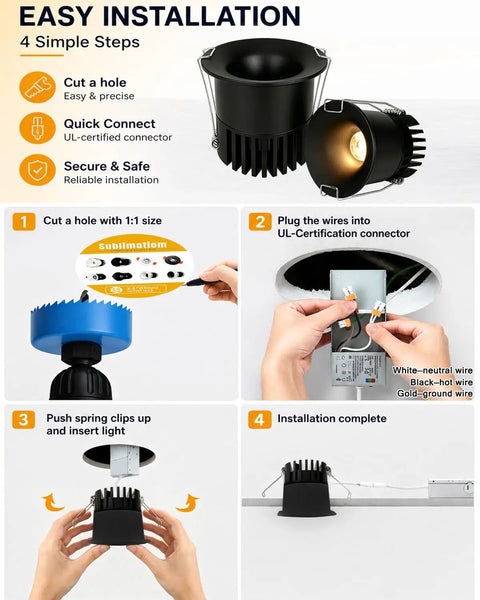 Easy installation steps for Sublimation 3 inch 5CCT Anti-Glare Led Recessed Lights with black canless downlight.