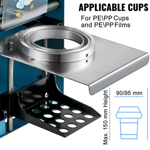 Heavy Duty Manual Boba Tea Cup Sealer Machine Built Like A Tank For Hustle Ready Cafes Fits 90 Mm And 95 Mm Cups close-up of cup holder and plate.